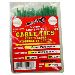 4" Green Cable Ties, 18 Lb. Strength - 100 Pack